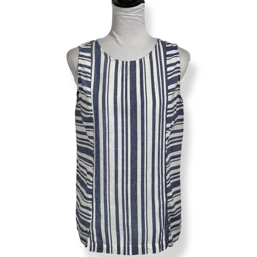 Andrea Jovine Striped Linen Top Size S Boxy Loose Sleeveless White Blue Coastal‎